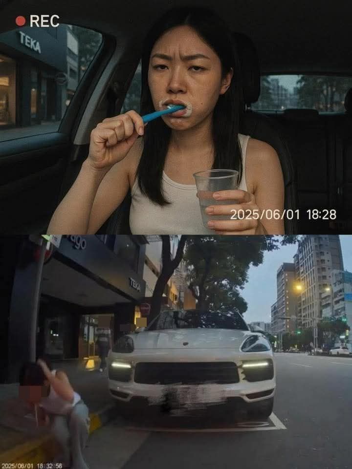 ▲▼一名正妹從保時捷下車後，朝著水溝吐出一口白色液體。（圖／翻攝YouTube／WoWtchout - 地圖型行車影像分享平台）