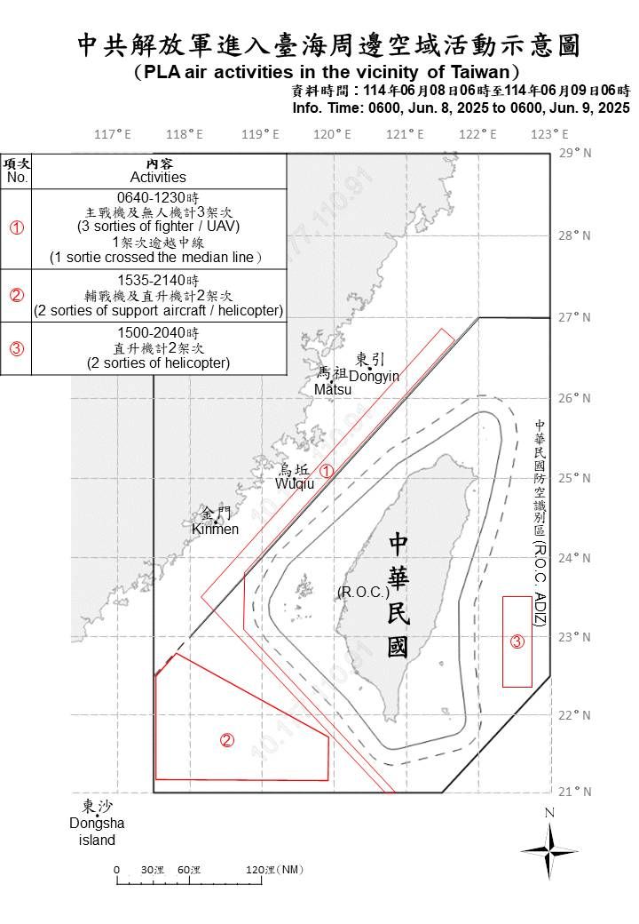 ▲▼中共8日清晨6時至9日清晨6時的軍事動態。（圖／國防部提供）