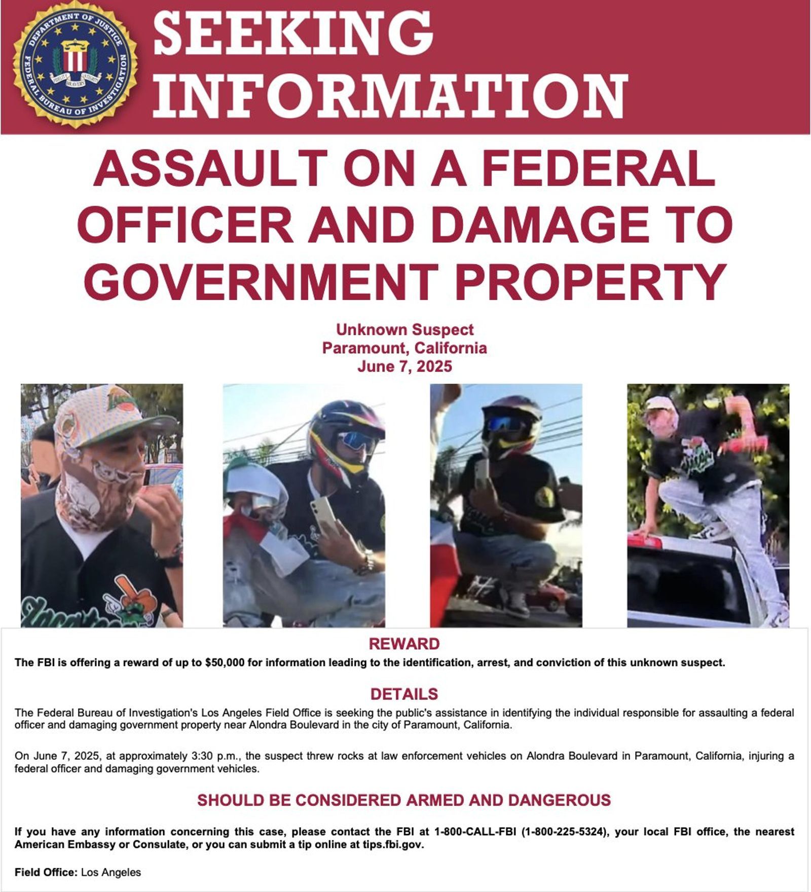 川普震怒！洛杉磯暴動男登「FBI頭號通緝犯」　懸賞150萬全民抓人