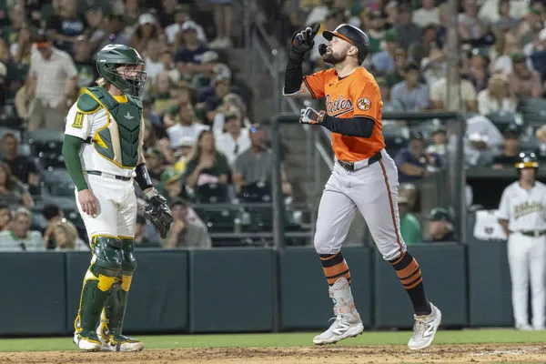 ▲金鶯外野手考瑟（Colton Cowser）在6局上半轟出455英呎全壘打。（圖／達志影像／美聯社）