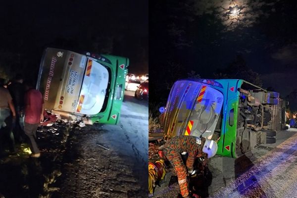 ▲▼大馬遊覽車「90度翻覆」！15大學生慘死。（圖／翻攝自中國報）