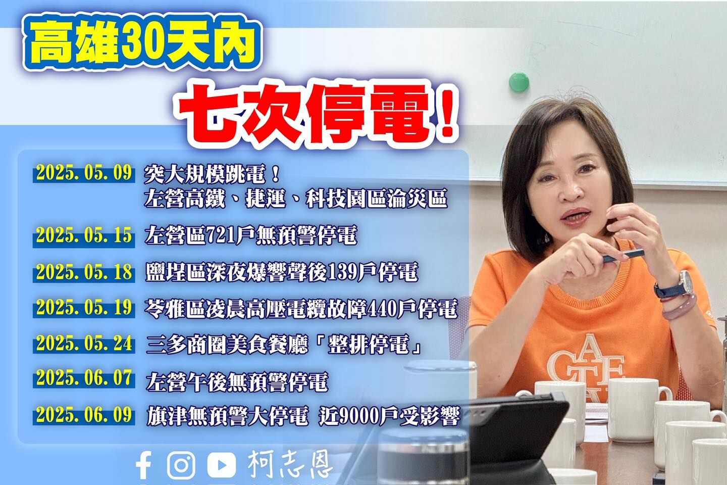 ▲▼柯志恩盤點高雄30天停電次數。（圖／翻攝自Facebook／柯志恩）