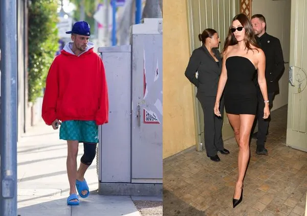小賈斯汀（左）6月初出門時被人拍到十分隨性的打扮，恰好跟老婆海莉（右）順利達成價值美金10億元商業交易後的意氣風發成反比，加深了外界的揣測。（東方IC）