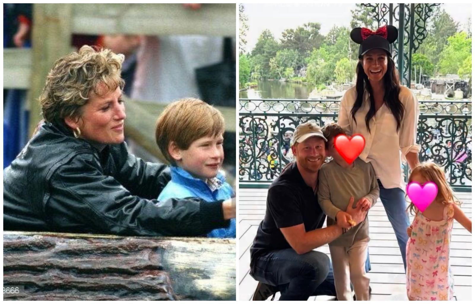 哈利和梅根帶著一雙兒女去迪士尼樂園玩（右圖），讓人聯想到31年前黛妃帶他去迪士尼的回憶（左圖）。（翻攝meghan IG、X@sunrayleo1）