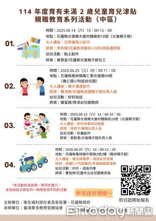 ▲▼花蓮北、中、南區親職教育課程時間、地點一覽表。（圖／花蓮縣政府提供，下同）