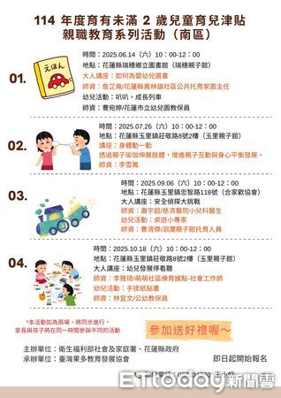 ▲▼花蓮北、中、南區親職教育課程時間、地點一覽表。（圖／花蓮縣政府提供，下同）