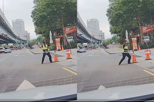 ▲▼魔性阿伯指揮交通爆紅。（圖／翻攝臉書／爆料公社）
