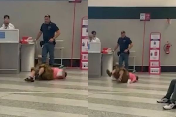 ▲▼手提行李超重 中國大媽崩潰滾地。（圖／翻攝自X）