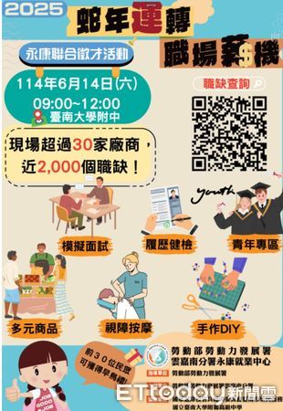 ▲永康就業中心預告6/14將辦理年度最大規模徵才活動，邀請34家企業進駐，釋出近2,000職缺搶才。（記者林東良翻攝，下同）