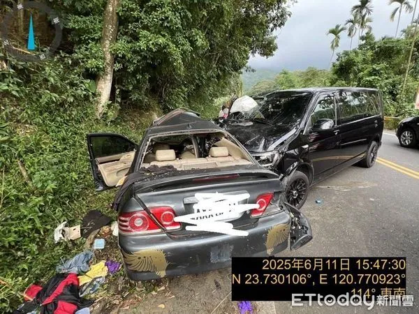 ▲潘姓男子酒駕（圖左）往鹿谷鄉溪頭方向行駛，失控駛入對向車道與一台廂型車相撞，釀成多人輕重傷。（圖／記者高堂堯翻攝，下同）