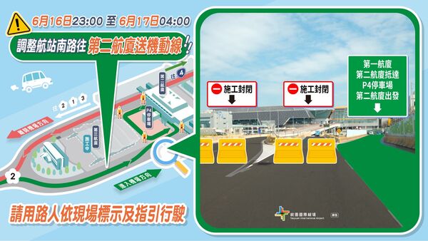 ▲▼配合三航廈施工，航站南路往第二航廈送機車輛動線調整。（圖／桃機公司提供）