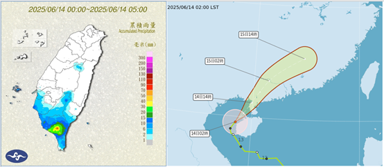 ▲▼今(14日)晨5時雨量累積圖顯示，南部仍有明顯降雨(左圖)。「蝴蝶」受太平洋高壓導引，今將經廣東、廣西交界附近，進入大陸、向東北迴轉；受地形破壞，強度將逐漸減弱。（圖／洩天機教室）