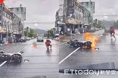 驚險畫面曝!宜蘭27歲女騎士閃車自摔 機車高速滑行燒成火球