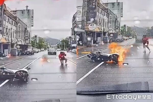 ▲▼機車自摔後起火燃燒。（圖／記者游芳男翻攝）