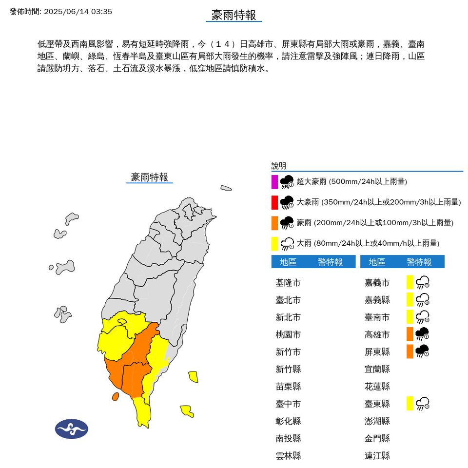 ▲大雨特報