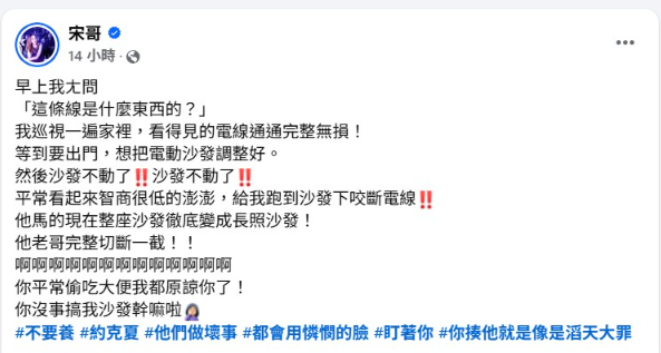 ▲▼宋哥家中毛小孩咬斷電線，一查竟是電動沙發不動了。（圖／翻攝自臉書）