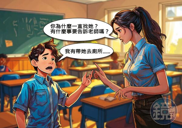 小五男童（左）面對老師詢問，突然自白曾將小二女童帶到廁所猥褻、指侵。（示意畫面，AI繪圖Adobe Firefly生成，本刊美術組後製）