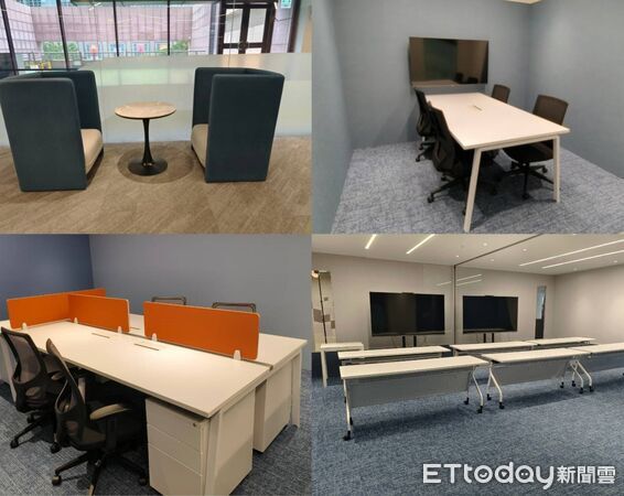 ▲放鬆沙發、小會議室、半開放5人辦公室、20人視聽會議室。（圖／記者張佩芬攝）