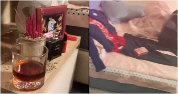 安哥突PO出一段「悼念亡妻」影片，只見他在床頭擺遺照、香爐祭拜，鏡頭一轉竟驚見「成套無形女裝」，畫面相當詭異。（圖／擷取自Facebook／安哥碎碎念）
