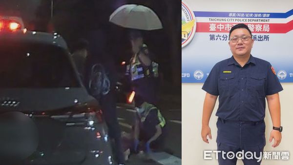 ▲▼ 台中永福派出所所長賴克温執勤返程途中遇車禍，冒雨撐傘守護傷者，溫馨畫面宛如《龍貓》雨夜場景。（圖／記者鄧木卿翻攝）