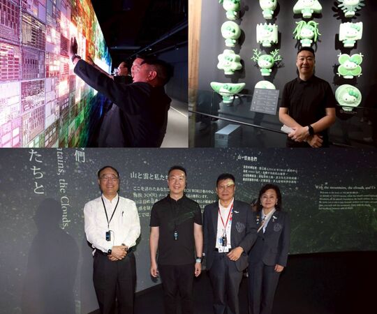 ▲左上圖台灣「TECH WORLD」館，以「生命、未來、自然」為主軸，展現智慧應用與綠色永續成果；右上圖日本館特別設計以Hello Kitty變身為藻類生命體的互動裝置，傳遞環境永續與資源循環的重要性；下圖交通部陳世凱部長(左2)、交通部觀光署周永暉署長(左1)、台灣館邱揮立館長(右2)、台灣館張如蕙館長代理(右1)合影。（圖／觀光署）