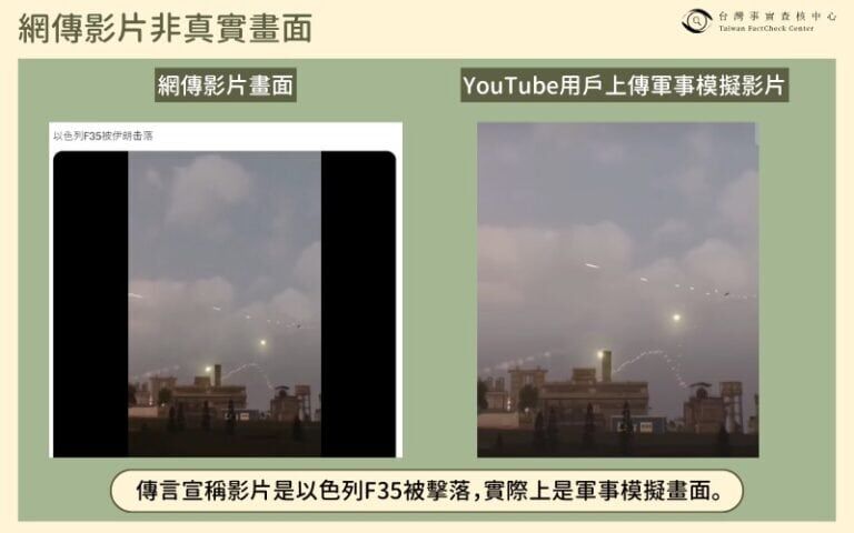▲▼瘋傳「以色列F-35被擊落」影片！超假彈雨+空中閃炮火　觀看千萬次。（圖／事實查核中心）
