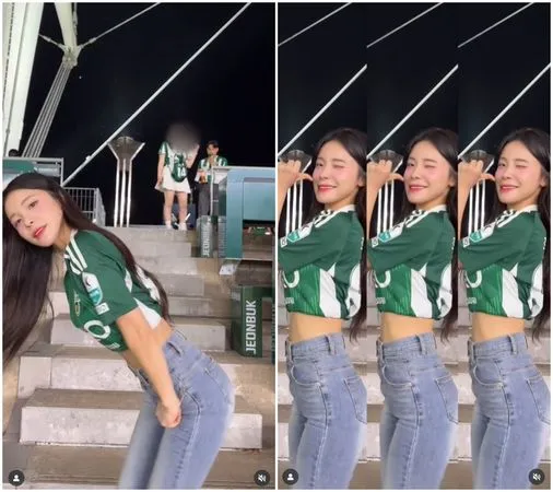 ▲李多慧身穿綠色球衣搭配牛仔褲，在球場中隨著音樂舞動。（圖／翻攝自Instagram／le_dahye）
