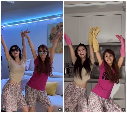 ▲李多慧與媽媽穿上碎花睡褲，相當接地氣。（圖／翻攝自Instagram／le_dahye）