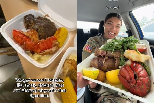 ▲▼近日一段美軍士兵在營區餐廳享用牛排、龍蝦的影片在社群上瘋傳。（圖／翻攝自TikTok）