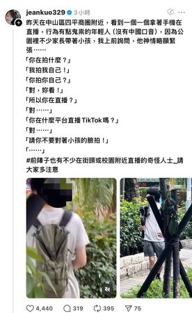 ▲王鴻薇指出，綠委郭昱晴今天在threads發文，內容是在中山區四平商圈看到民眾使用手機直播，還稱民眾行為鬼祟。（圖／王鴻薇臉書）