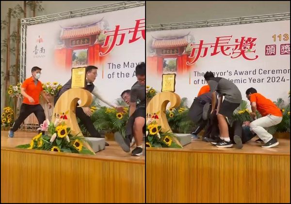 ▲▼黃偉哲合照畢業生「腿軟摔倒」影片曝光　網笑：市長獎根本耗市長。（圖／翻攝自threads／黃偉哲）