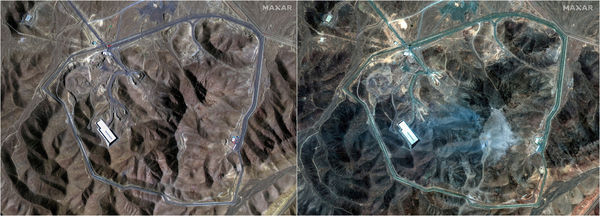 ▲▼衛星影像可以清楚比照美軍空襲轟炸伊朗福爾多核設施後的差異。左拍攝於6月20日、右拍攝於6月22日，（圖／路透）