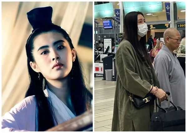 王祖賢過去演出《倩女幽魂》的聶小倩，深植人心（左圖），近日在溫哥華機場被粉絲捕獲（右圖）。（翻攝小紅書）