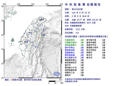 快訊／02:00花蓮萬榮規模4.9「極淺層地震」　最大震度4級