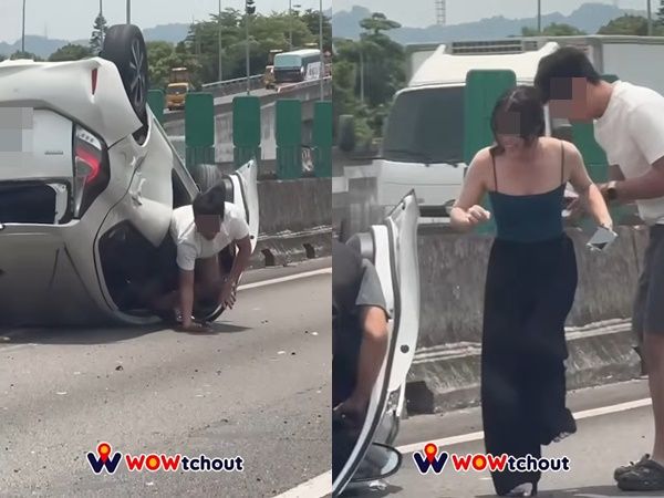 ▲▼國道翻車！光腳妹「燦笑爬出」柏油路上跳　網封稱號：樂天女孩。（圖／翻自wowtchout）