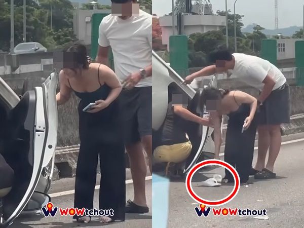 ▲▼國道翻車！光腳妹「燦笑爬出」柏油路上跳　網封稱號：樂天女孩。（圖／翻自wowtchout）