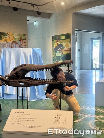 ▲台南左鎮化石園區推出暑期特展「遠古爬爬走」，首度展出全台最大7公尺台灣豐玉姬鱷骨架，震撼全場。（記者林東良翻攝）