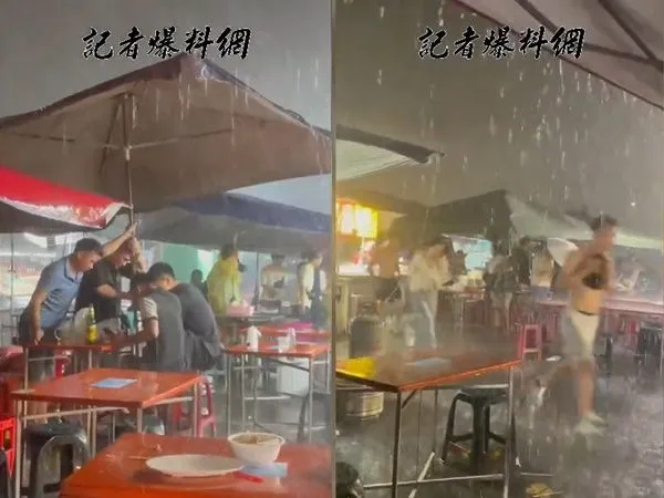 ▲▼國家警報響了！台中「颱風強度暴雨」突襲　夜市一堆人脫衣服逃跑。（圖／翻攝記者爆料網）