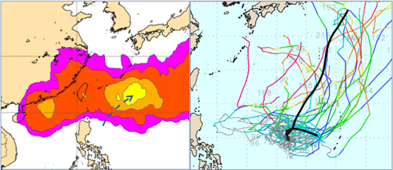 ▲▼6月5日模擬圖顯示，輕颱最高機率40%在琉球東南方海面，且向東北移動。目前模擬路徑仍分歧如「天女散花」。（圖／洩天機教室）