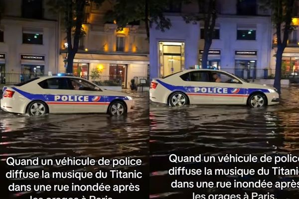 ▲▼ 法國警察淹水巡邏播鐵達尼號音樂。（圖／翻攝自Facebook）