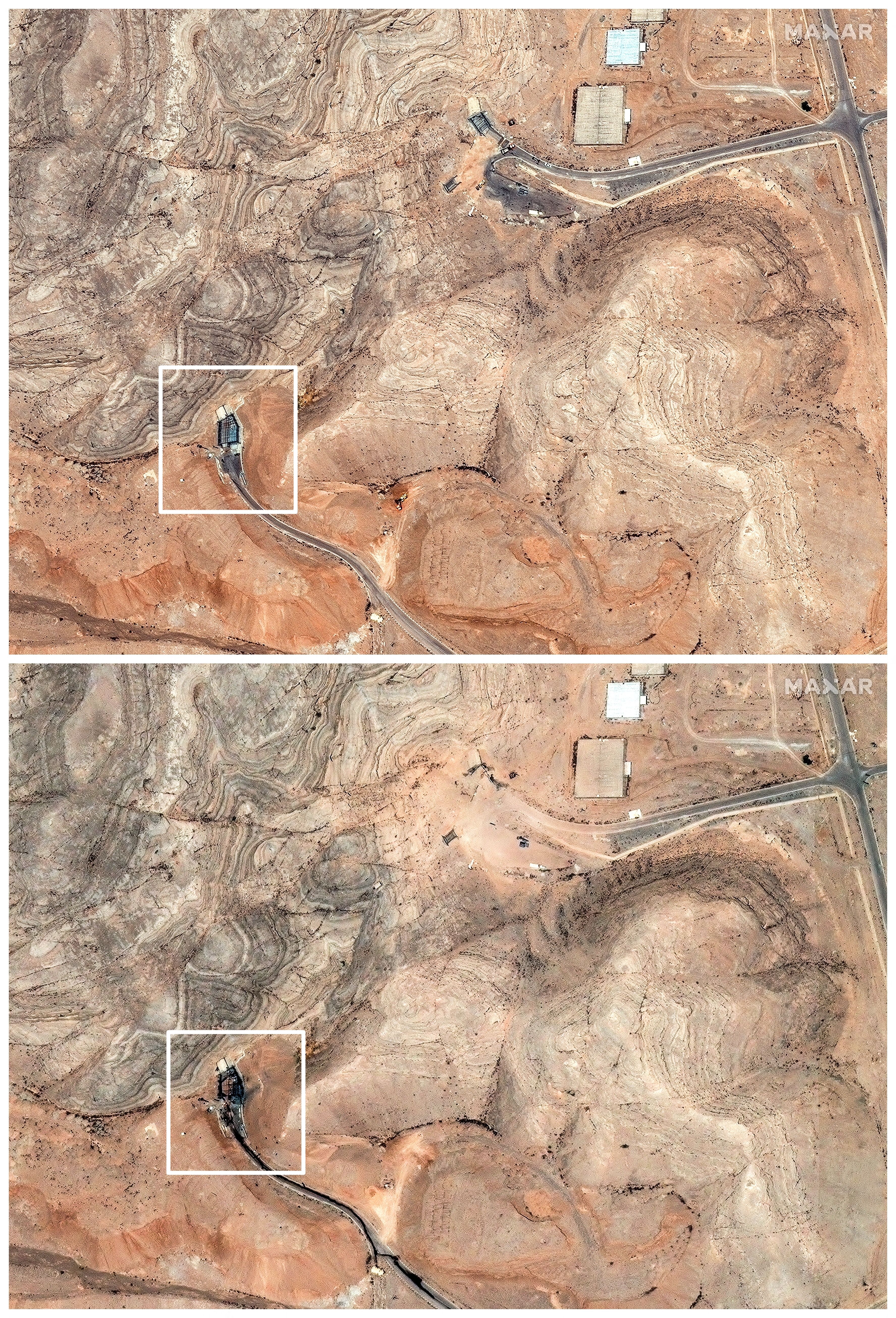▲▼ 伊朗伊斯法罕（Isfahan）核子技術研究中心隧道入口，遭到美國空襲前後的衛星影像。分別攝於6月20日和22日。（圖／路透）