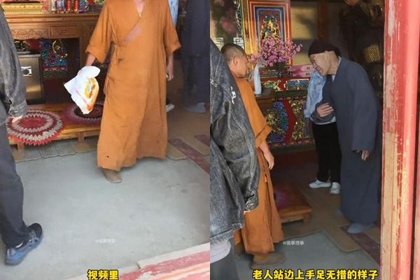 ▲▼夫妻扛米供佛，僧人直接整袋丟出大殿。（圖／翻攝微博）