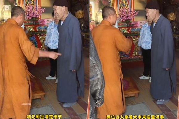 ▲▼夫妻扛米供佛，僧人直接整袋丟出大殿。（圖／翻攝微博）
