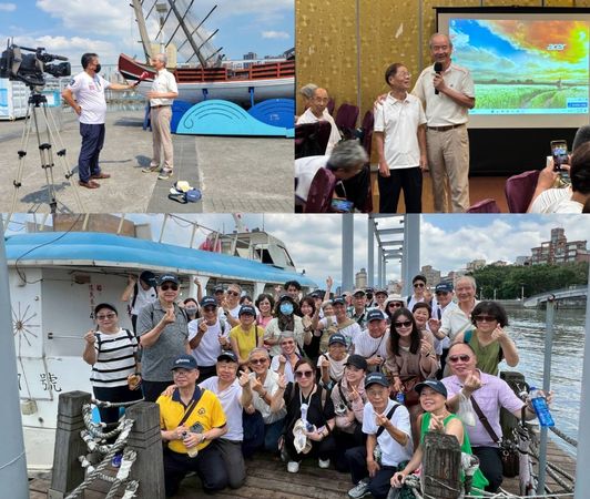 ▲左上圖蕭榮發理事長接受電視台採訪；右上圖理事長感謝廖顧問專精的演說；下圖登船前大合照。(圖／船機學會提供）