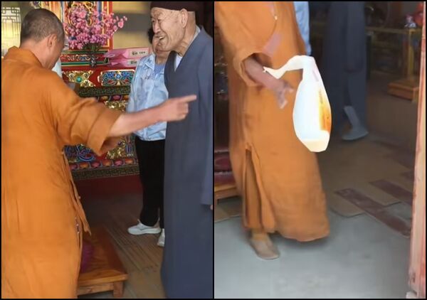 ▲▼老夫婦扛米五台山供奉 「區區一袋米就想許願」僧人趕香客。（圖／翻攝自微博）