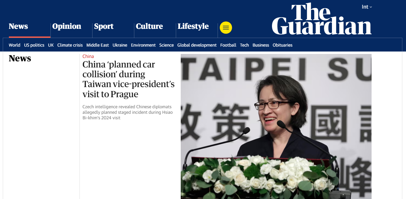 ▲▼衛報第一時間報導副總統蕭美琴出訪捷克遭中方外交人員駕車衝撞之事件，甚至放在頭條位置。（圖／翻攝自衛報）