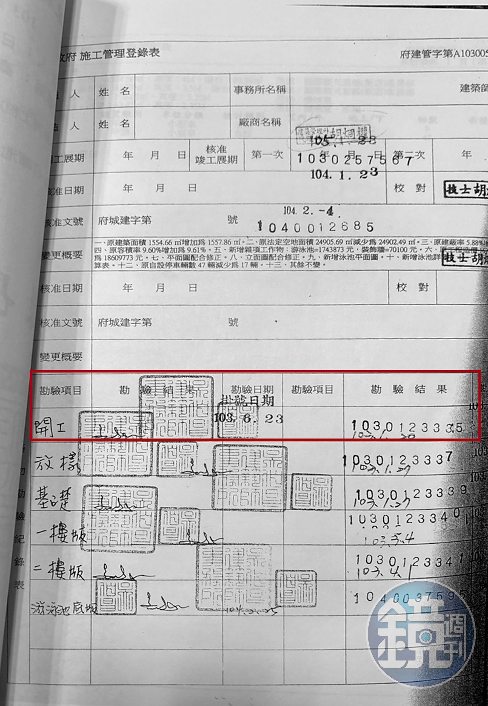 日暉2014年6月申請勘驗，縣府申報書竟記載同年1月、3月、4月勘驗完成。（讀者提供）