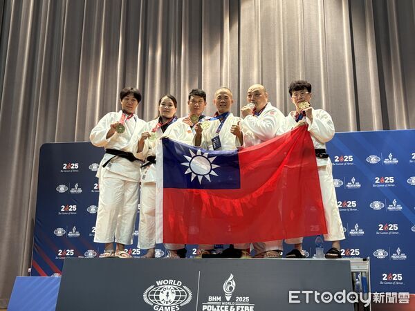 ▲台警柔道選手包含吳玫玲、陳于書、袁鵬皓、蕭素秋、許書豪、林世明在警消運動會首日均奪牌。（圖左到右／記者張君豪翻攝）