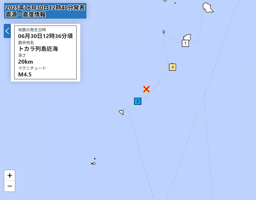 ▲▼快訊/日鹿兒島「吐噶喇列島」又地震!10天搖650次 最大震度4。(圖/翻攝自日本氣象廳)