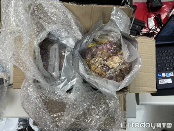 ▲刑事局破獲以乾燥花夾帶高純度大麻花進口的販毒集團、逮捕黃姓情侶檔及收貨人連男。（圖／記者張君豪翻攝）